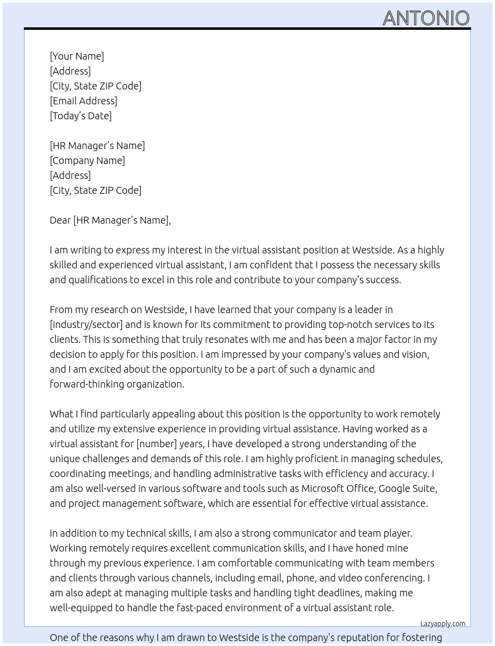 virtual assistant At westside Cover Letter