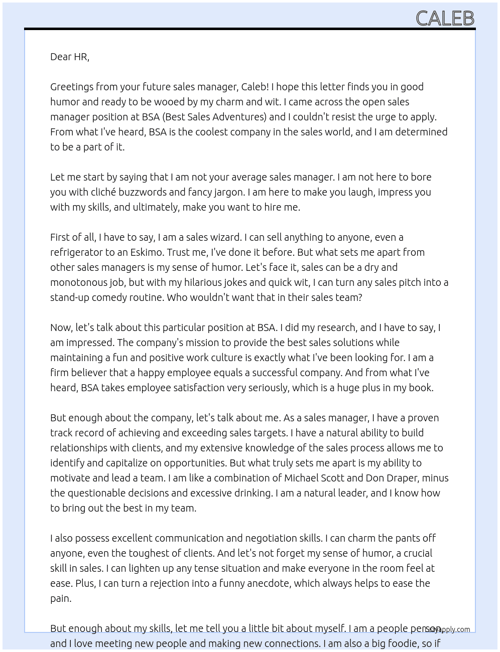 sales manager At bsa  Cover Letter