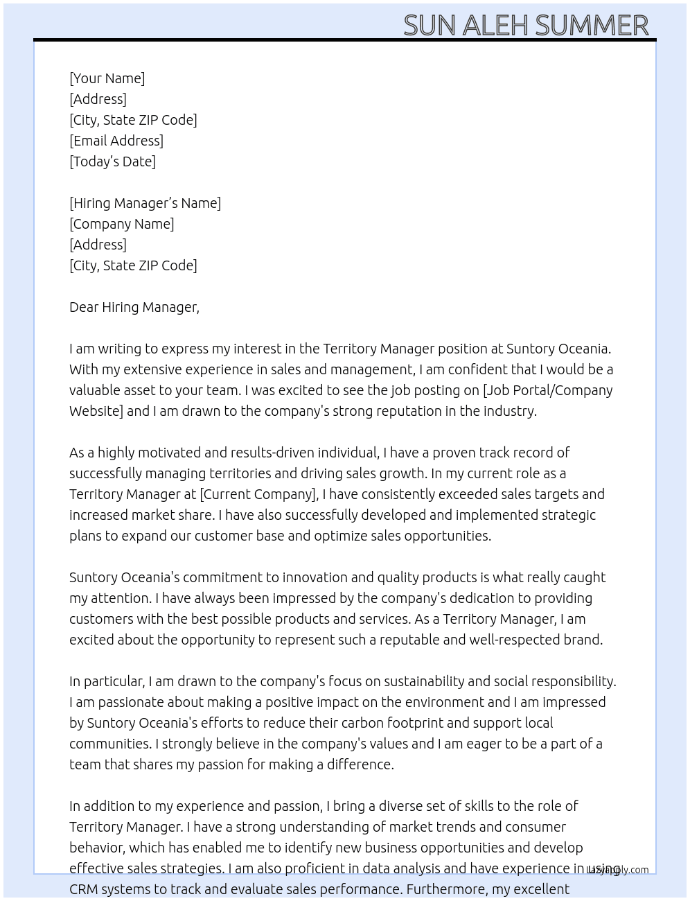 Territory Manager At Suntory Oceania Cover Letter