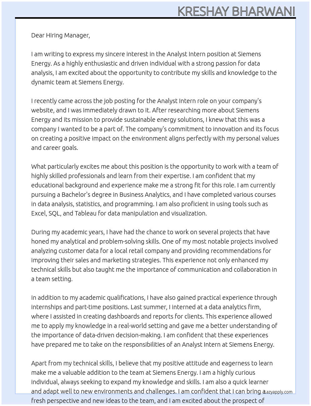 Cover letter for analyst intern - LazyApply