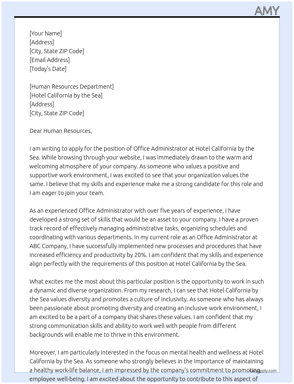 Office Adminstrator At Hotel California by the Sea Cover Letter