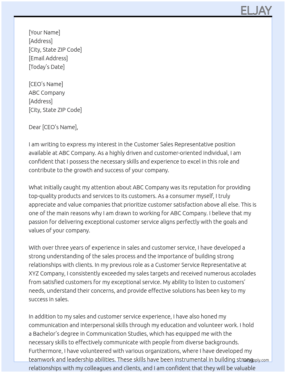 Customer Sales Representative At ABC Cover Letter