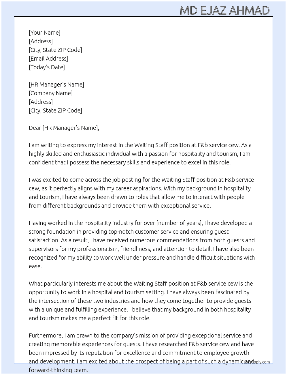 Cover letter for waiting staff hospital and tourism - LazyApply