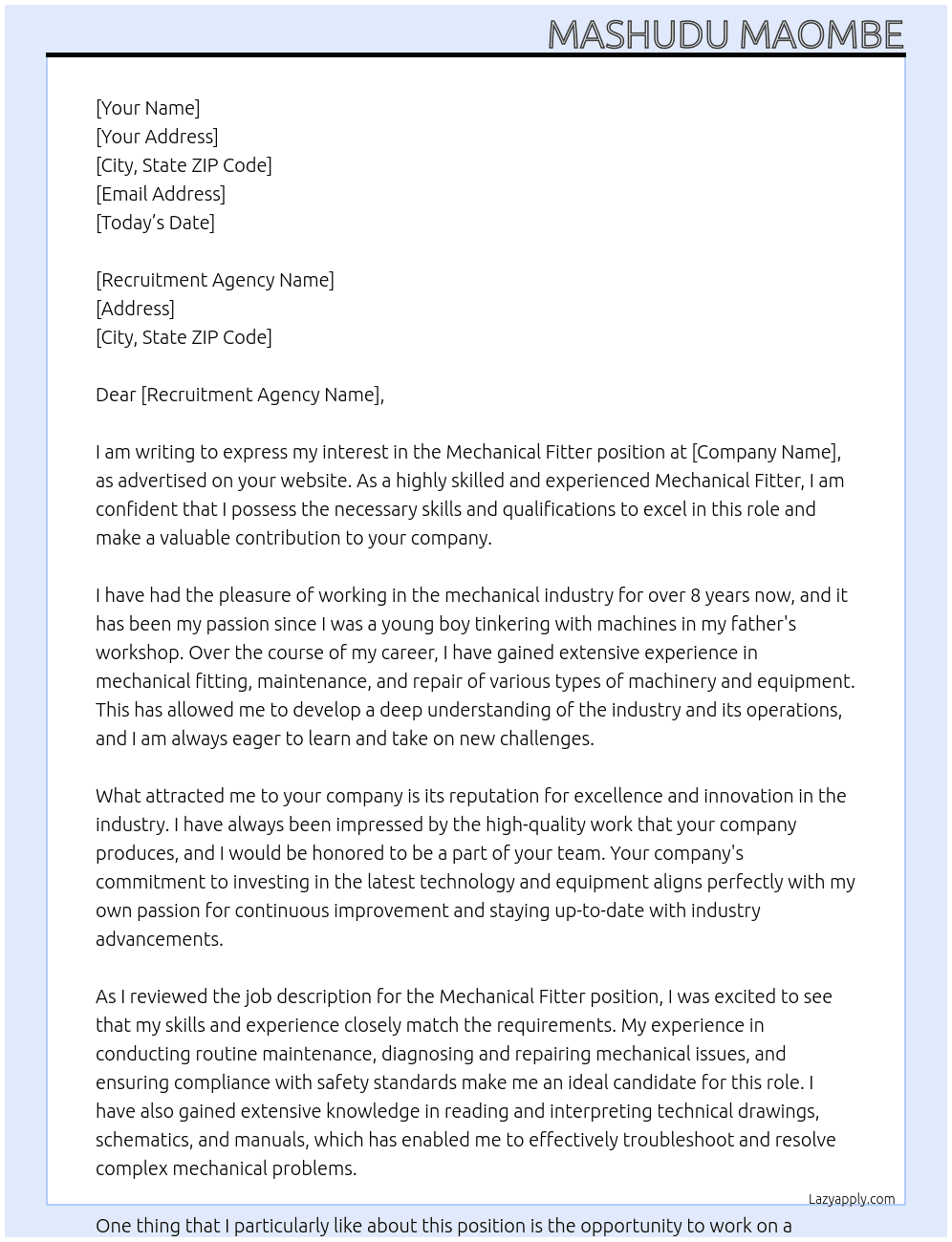 Mechanical Fitter  At The legends agency Cover Letter