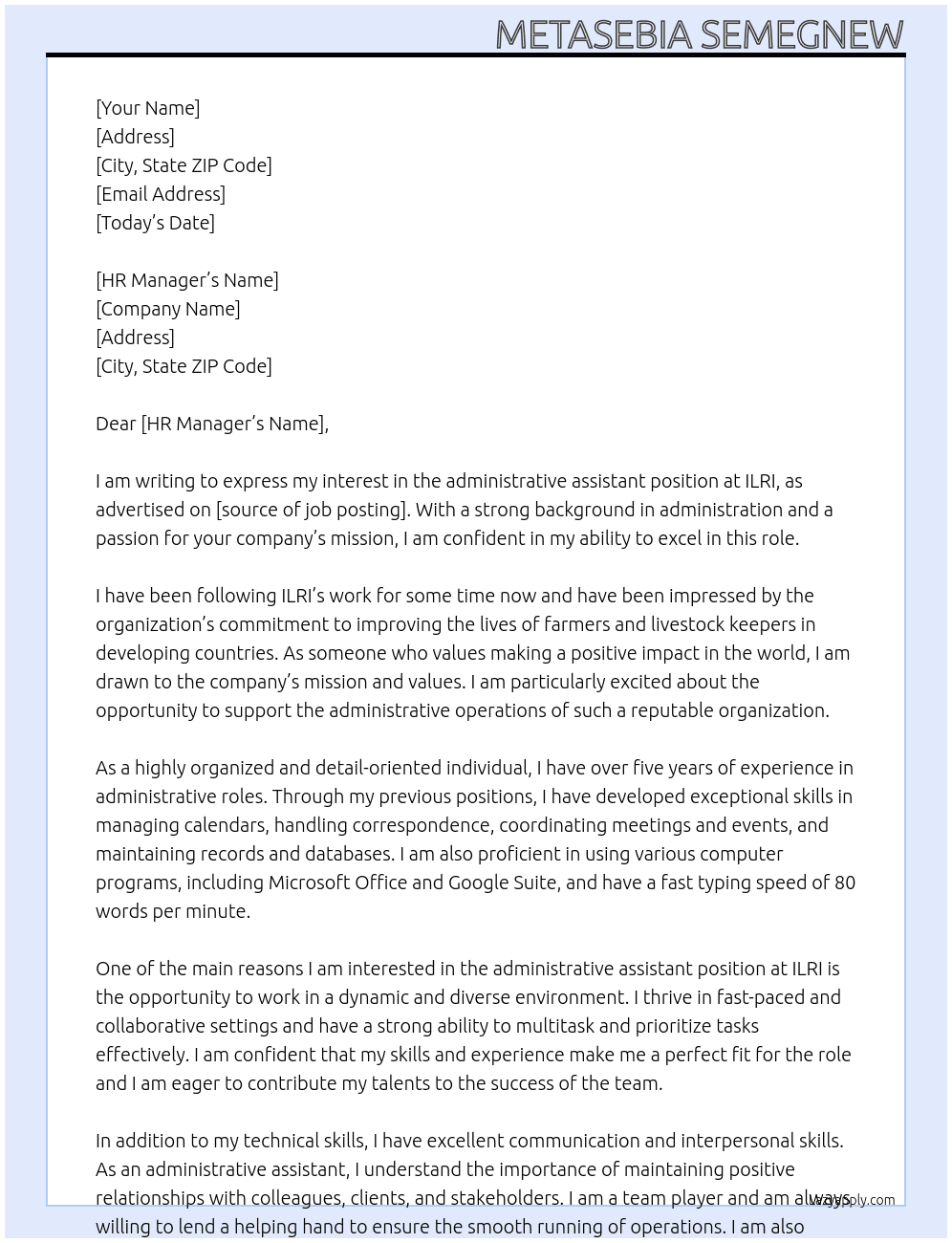 administrative assistant  At ILRI Cover Letter