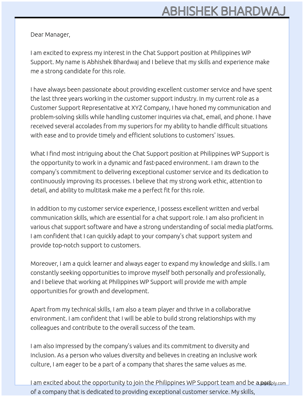 Chat support At Philippines WP Support  Cover Letter