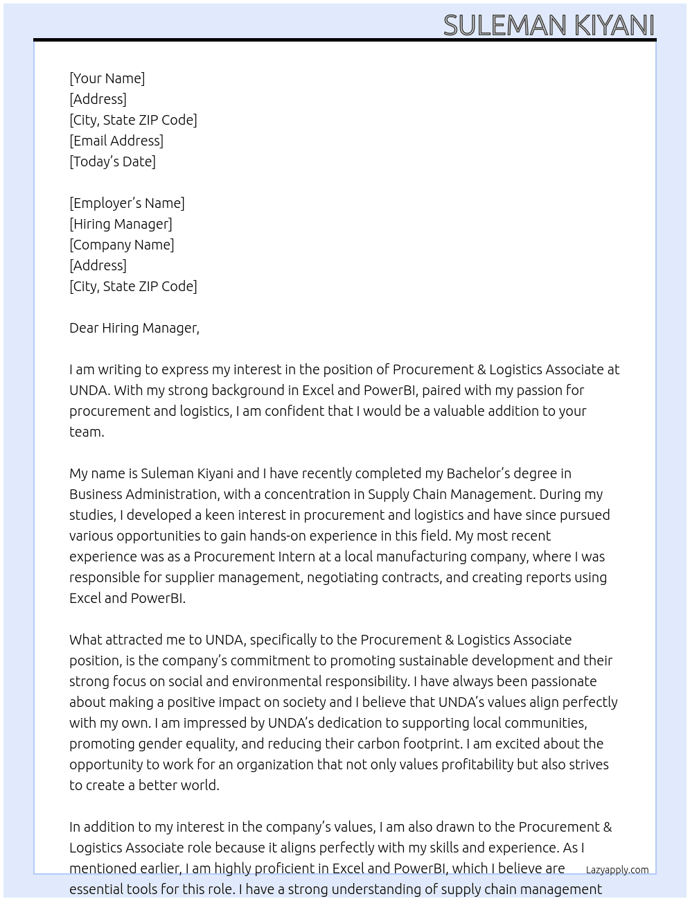 Procurement & Logistics Associate At UNDA Cover Letter