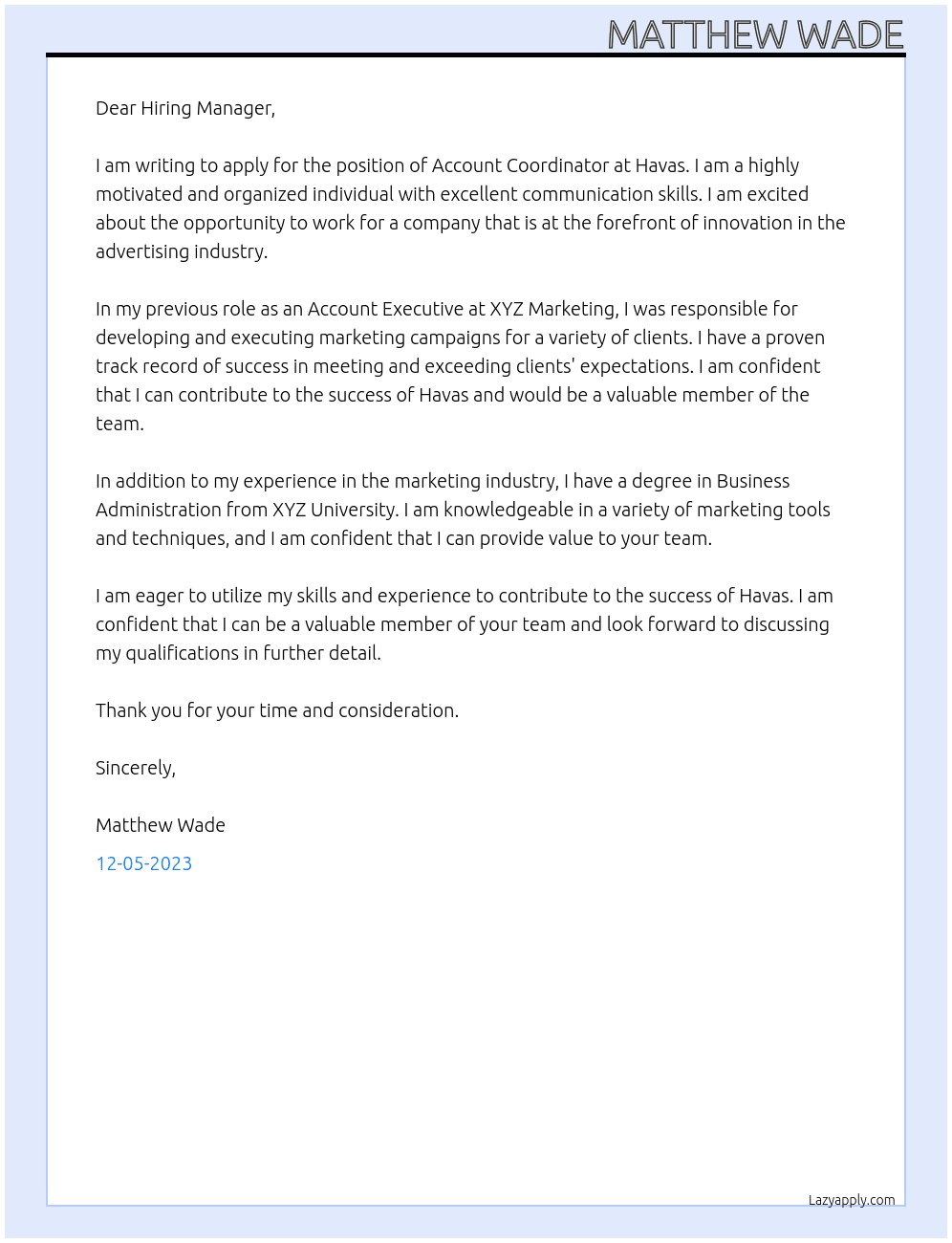 Account Coordinator At Havas Cover Letter