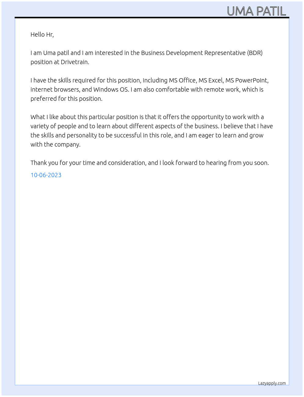 Business Development Representative (BDR) At Drivetrain Cover Letter