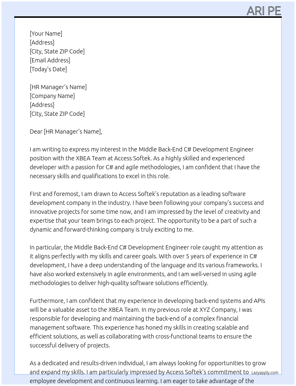 Cover letter for middle back-end c# development engineer, xbea team - LazyApply