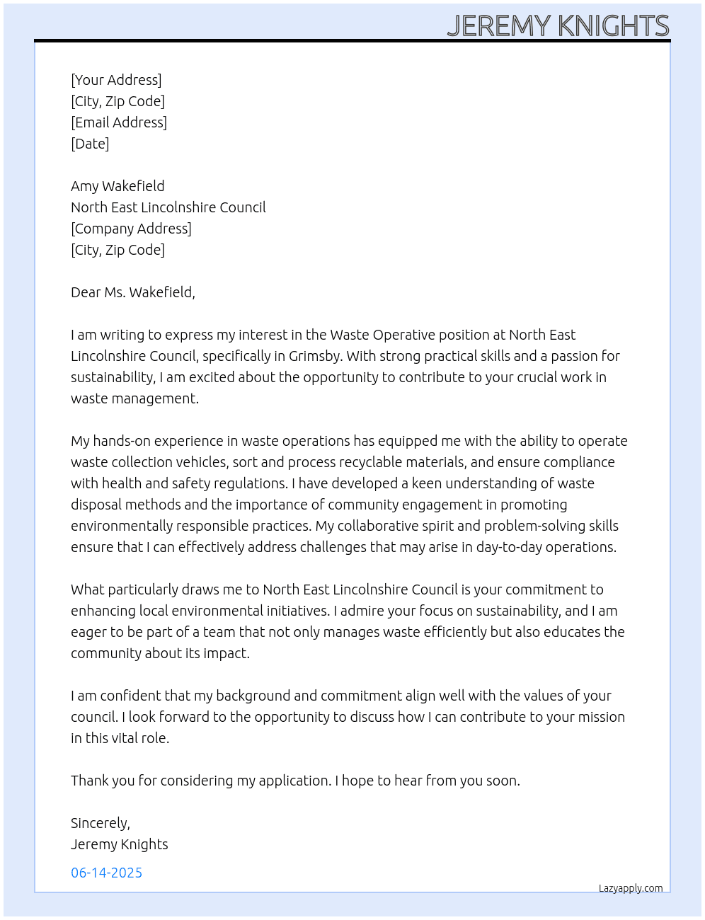 waste operative At   Location     North East Lincolnshire Council Cover Letter
