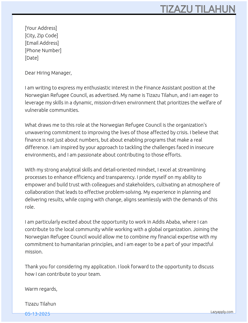  Finance Assistant At Norwegian Refugee Council Cover Letter