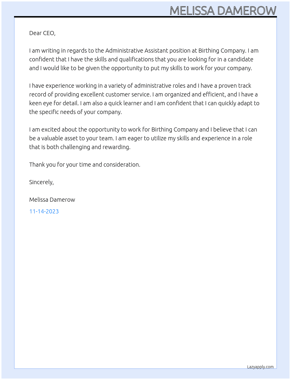 Administrative Assistant At Birthing Company Cover Letter