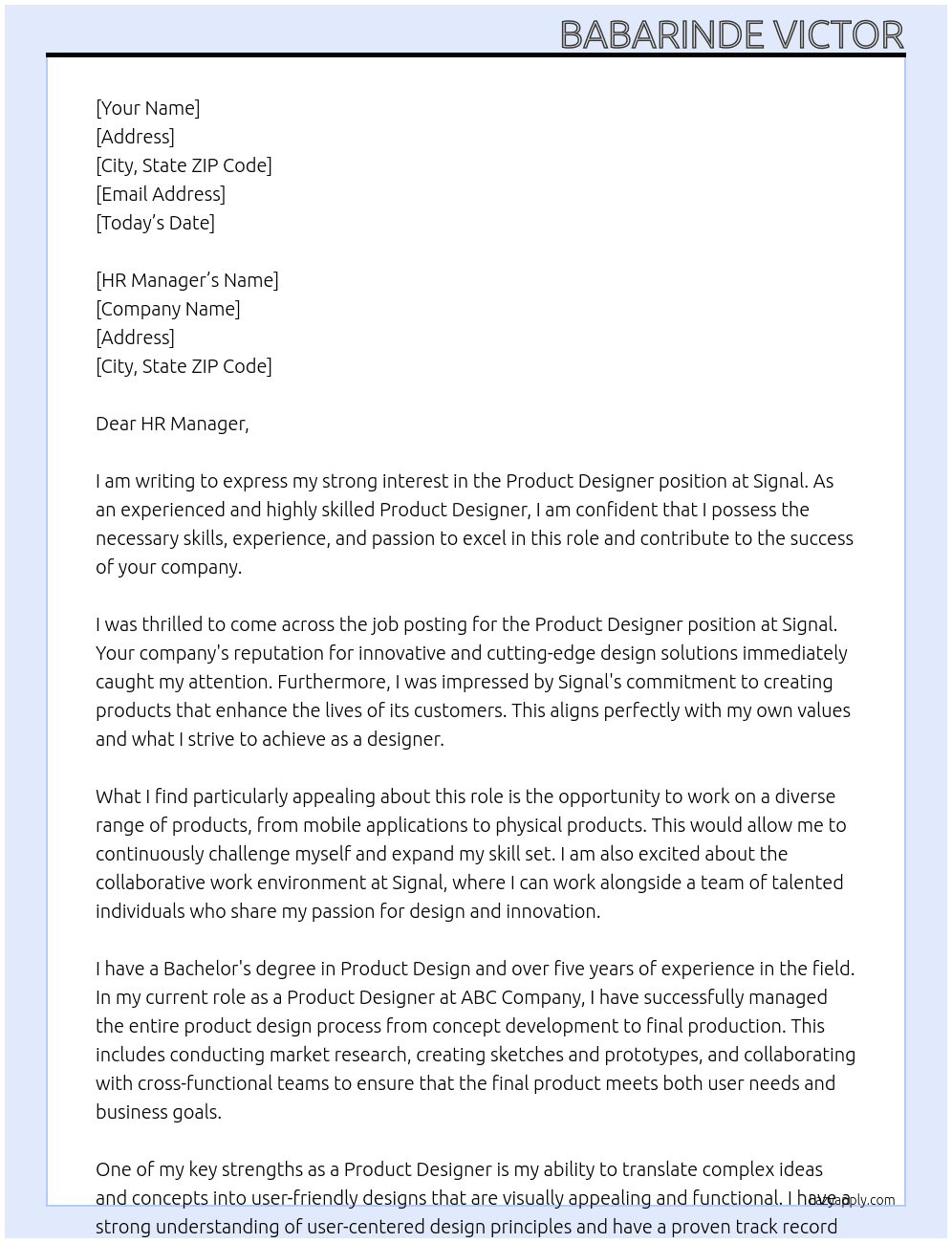 product designer At Signal Cover Letter