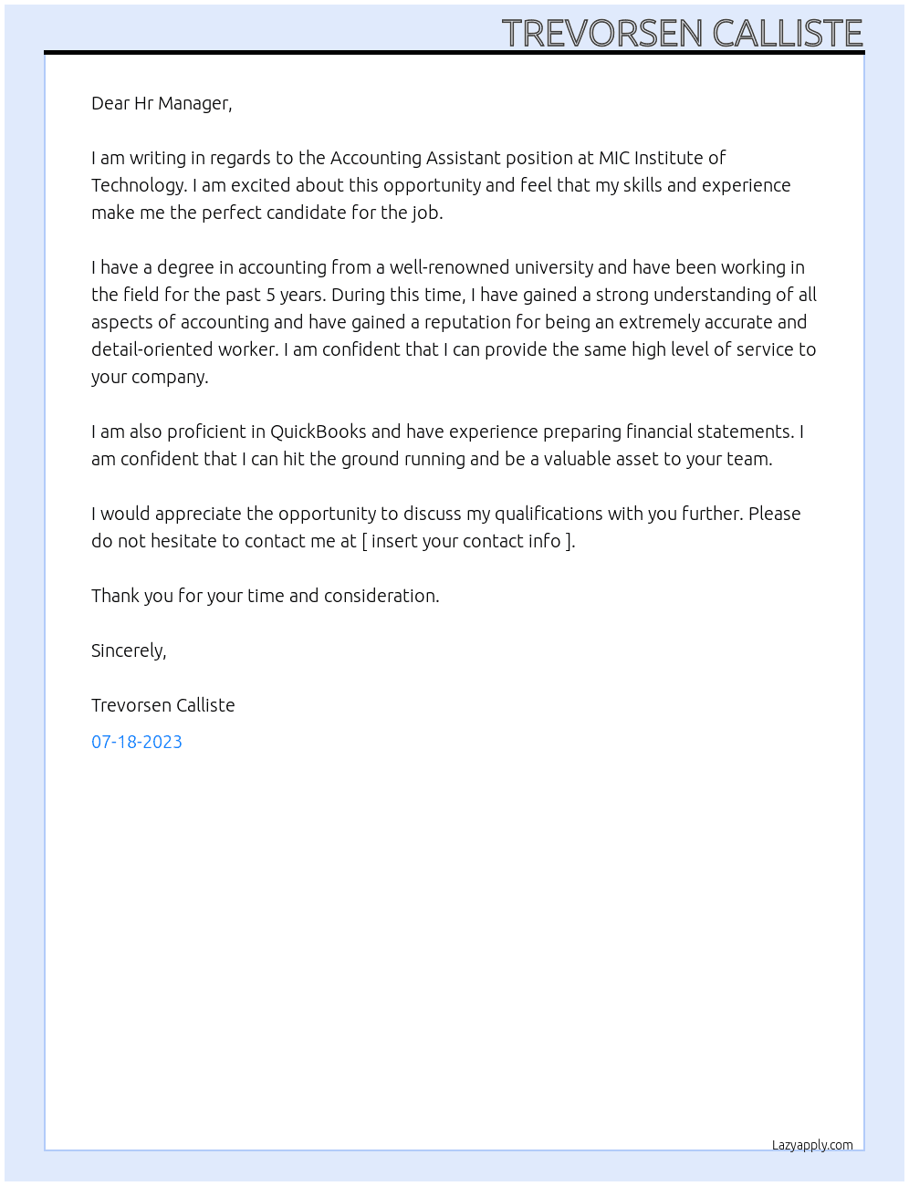 Accounting Assistant  At MIC Institute of Technology Cover Letter