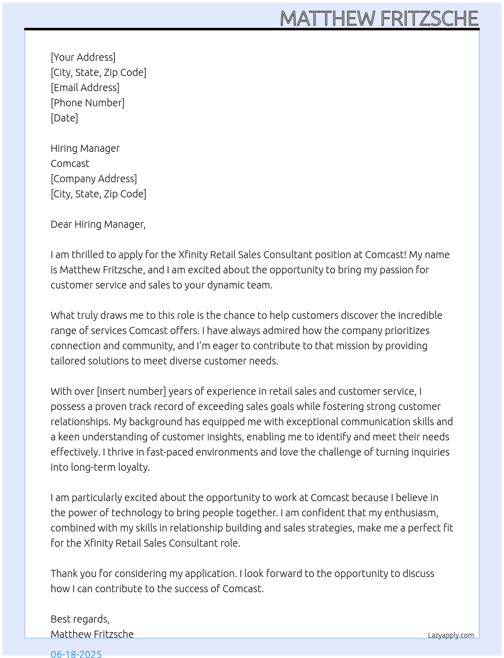 Xfinity Retail Sales Consultant At Comcast Cover Letter