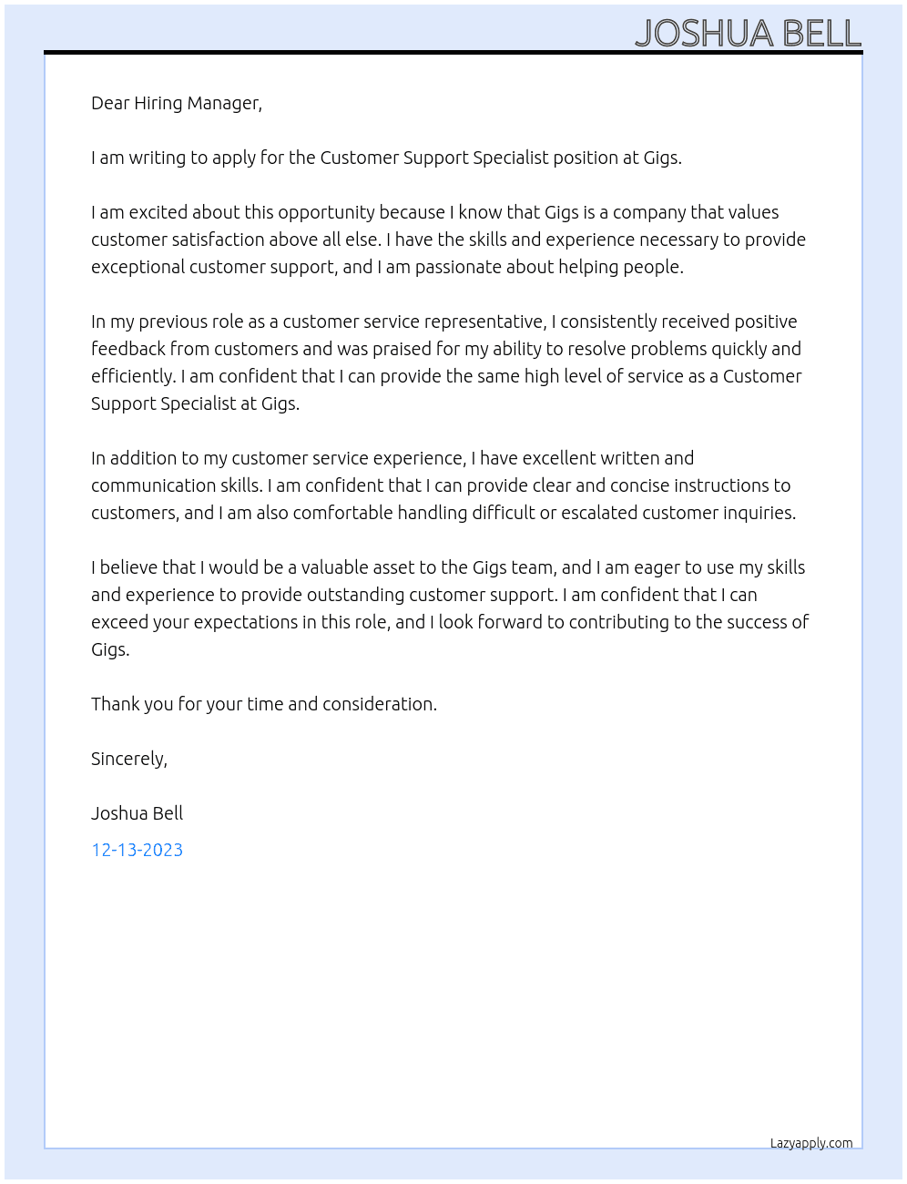 Customer Support Specialist At Gigs Cover Letter