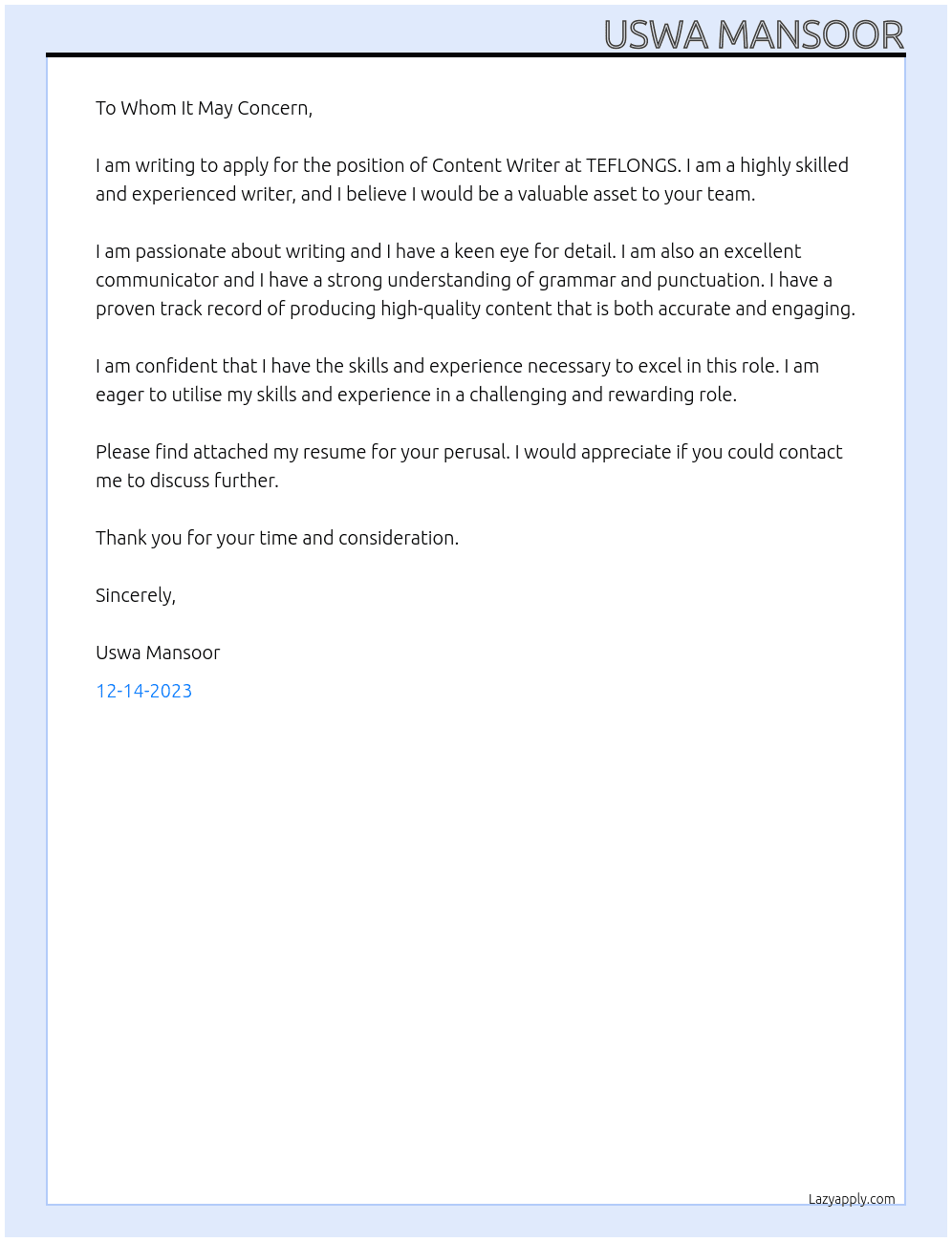 Content Writer  At TEFLONGS Cover Letter