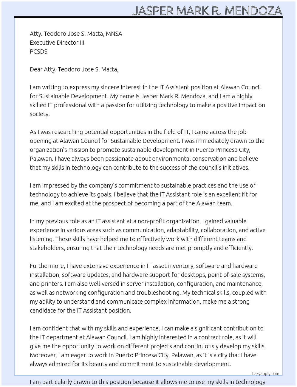 IT Asssistant At alawan Council for Sustainable Development Cover Letter