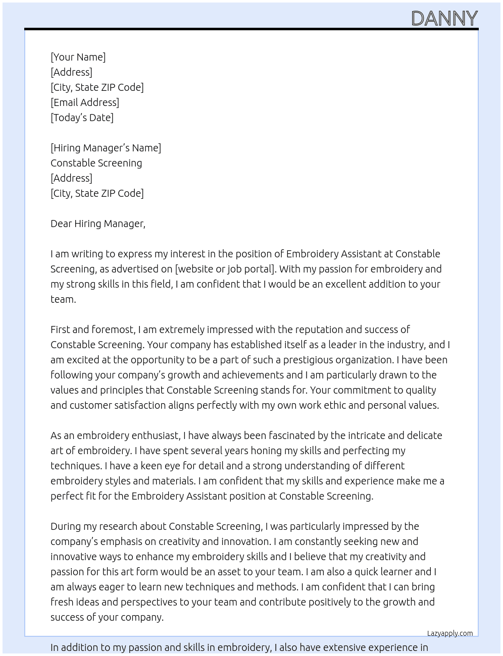 Cover letter for embroidery assistant - LazyApply