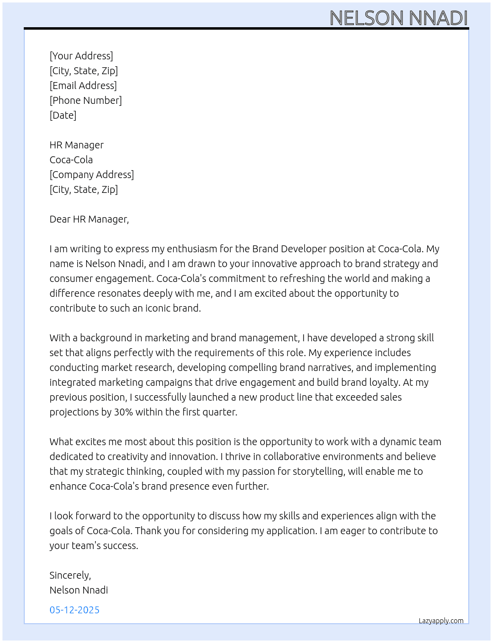 Brand developer At Coca cola Cover Letter
