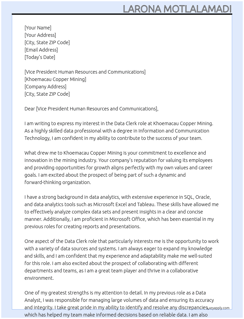 Data clerk At Khoemacau Copper Mining Cover Letter