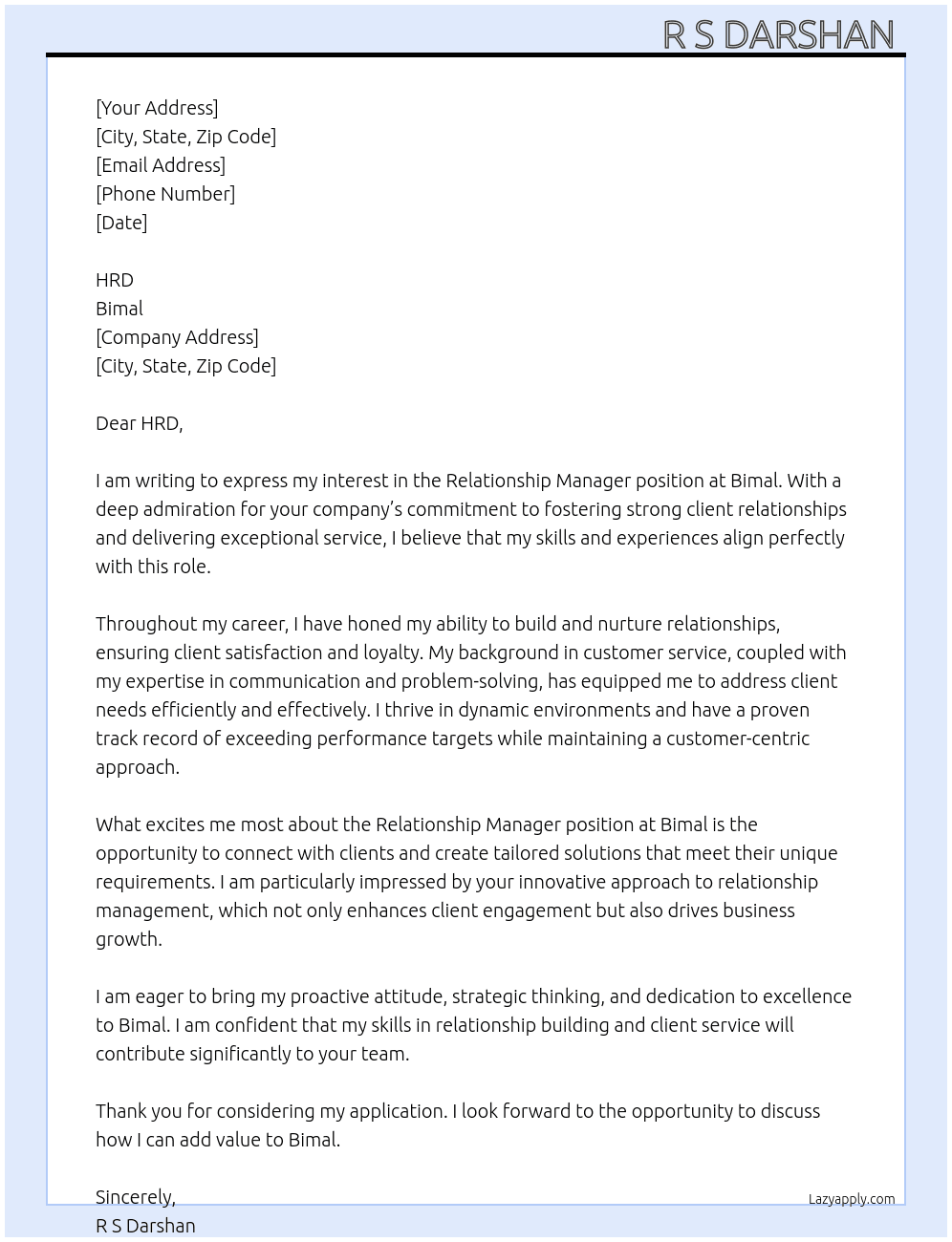 Relationship Manager At Bimal Cover Letter