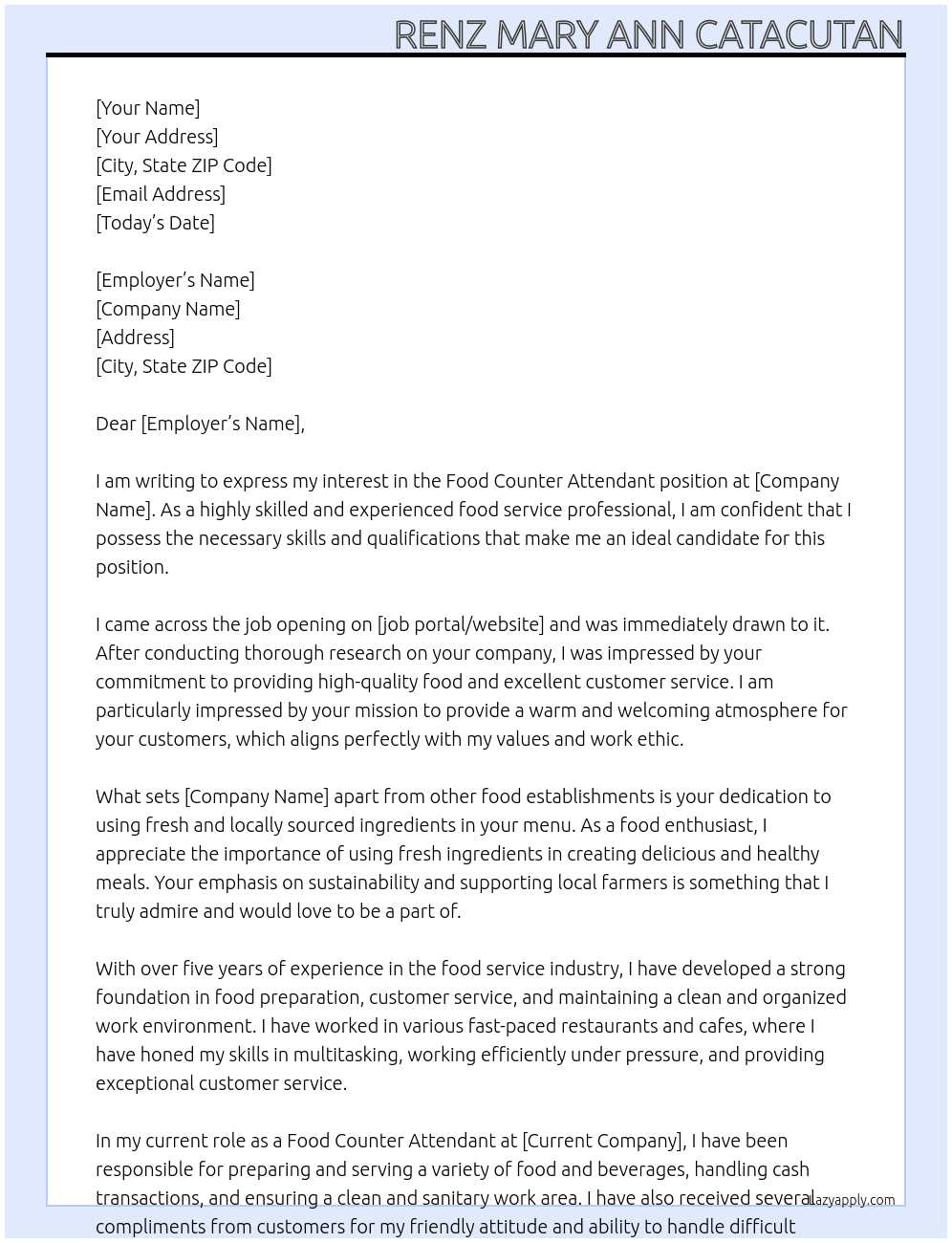 Food Counter Attendant At sss Cover Letter