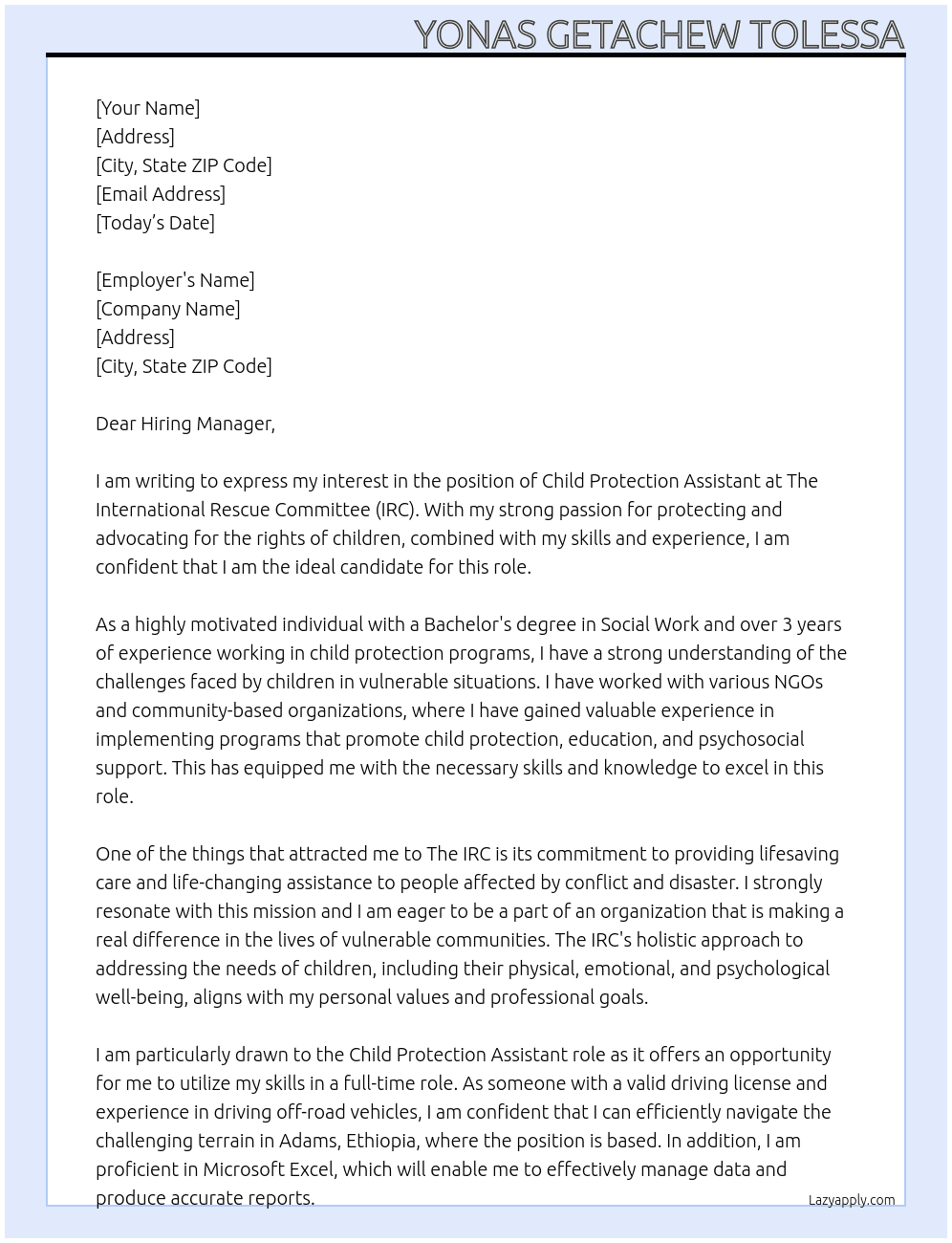 Child Protection Assistant At The International Rescue Committee (IRC) Cover Letter