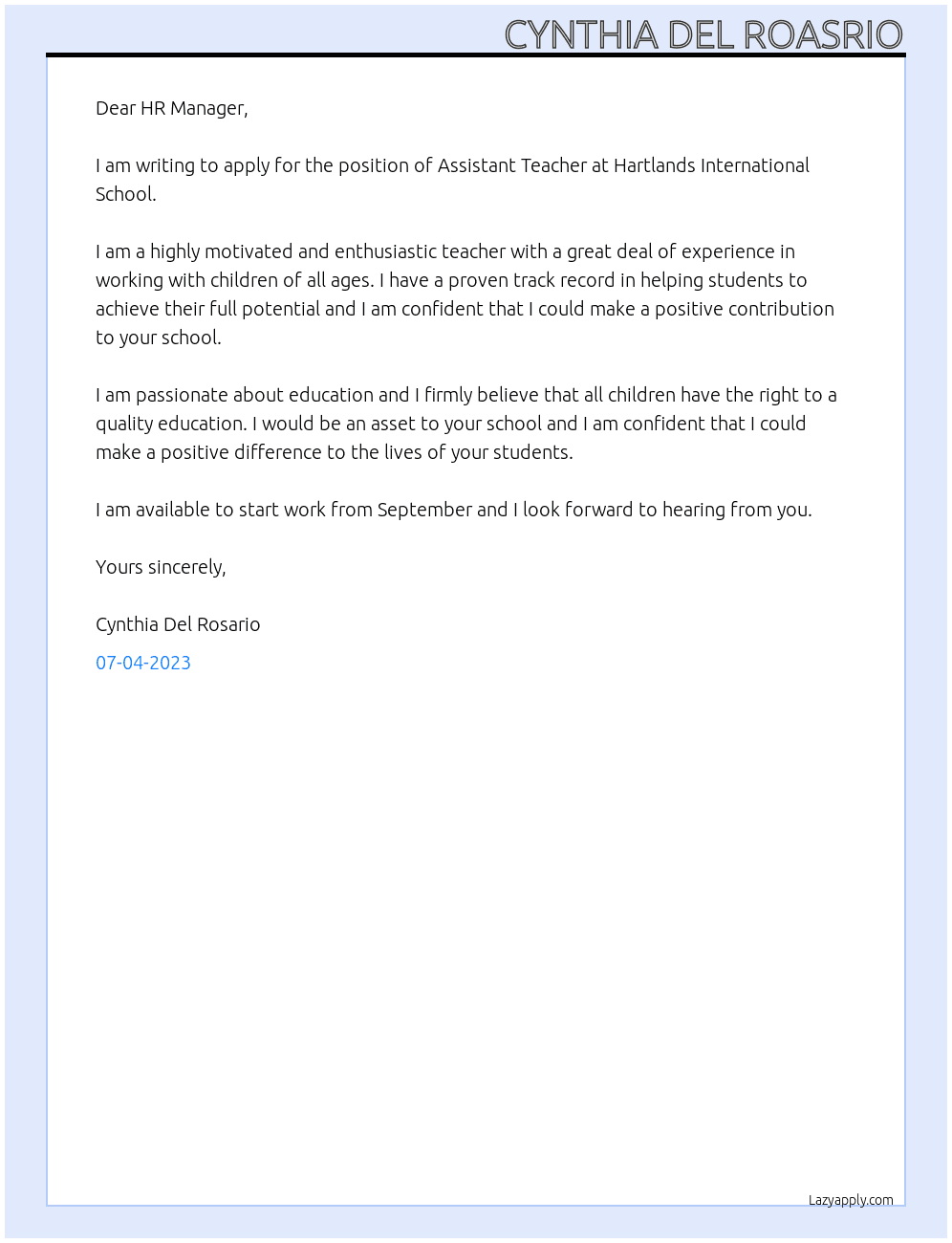 Assistant Teacher At Hartlands International School Cover Letter