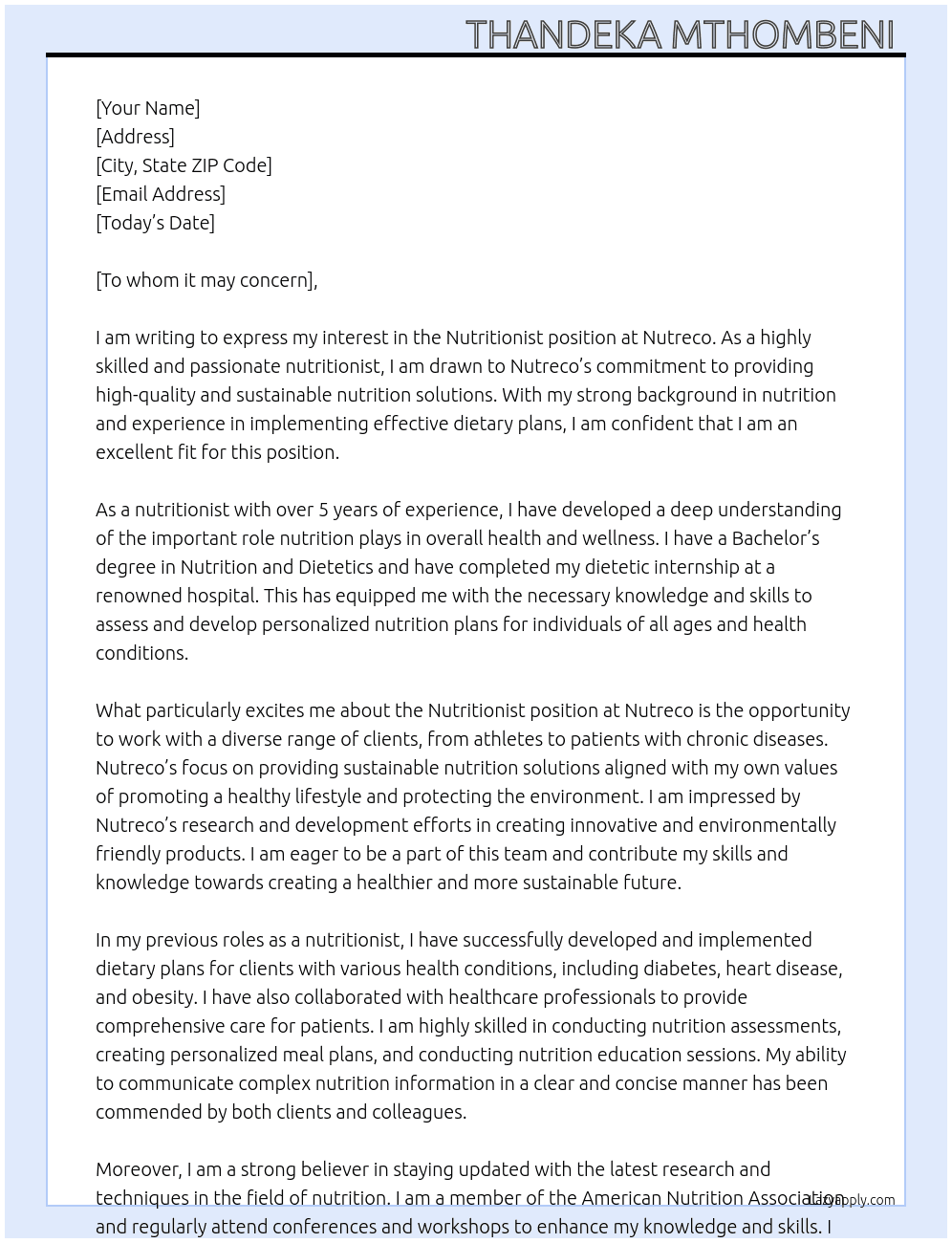 Nutritionist  At Nutreco  Cover Letter