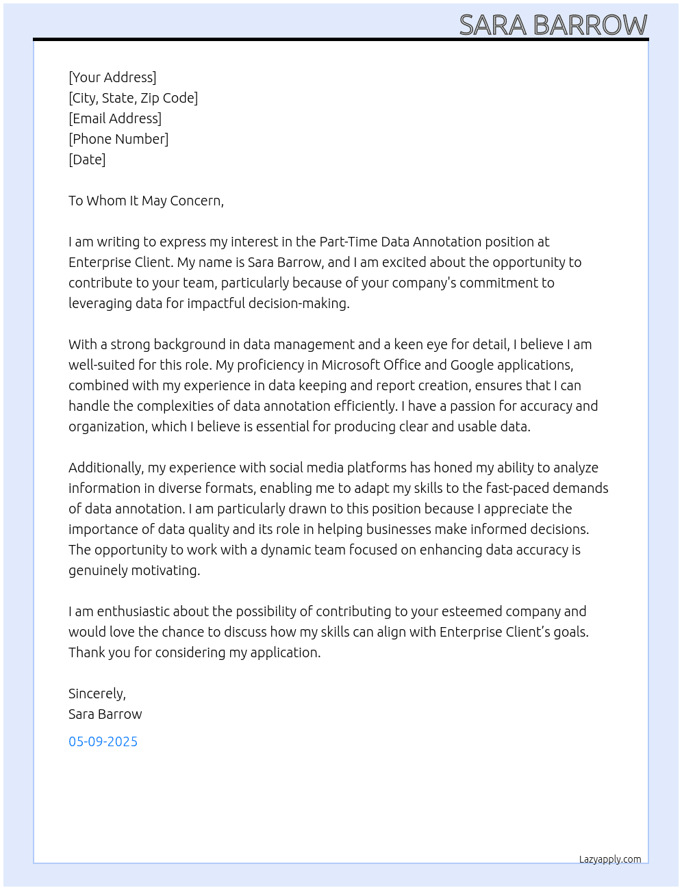 Data Annotation  At Enterprise client Cover Letter