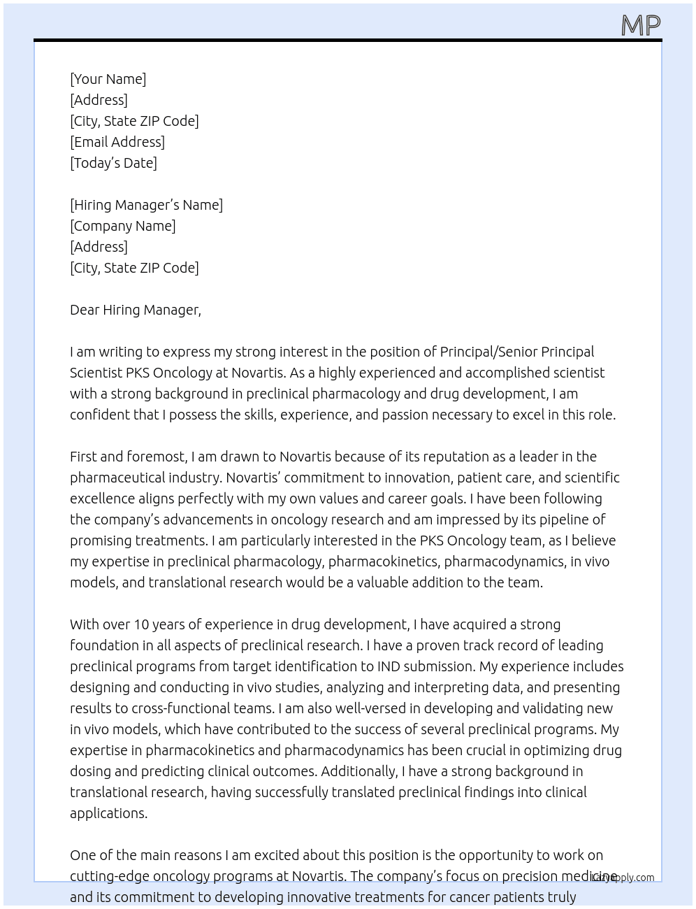 Cover letter for principal /senior principal scientist pks oncology - LazyApply