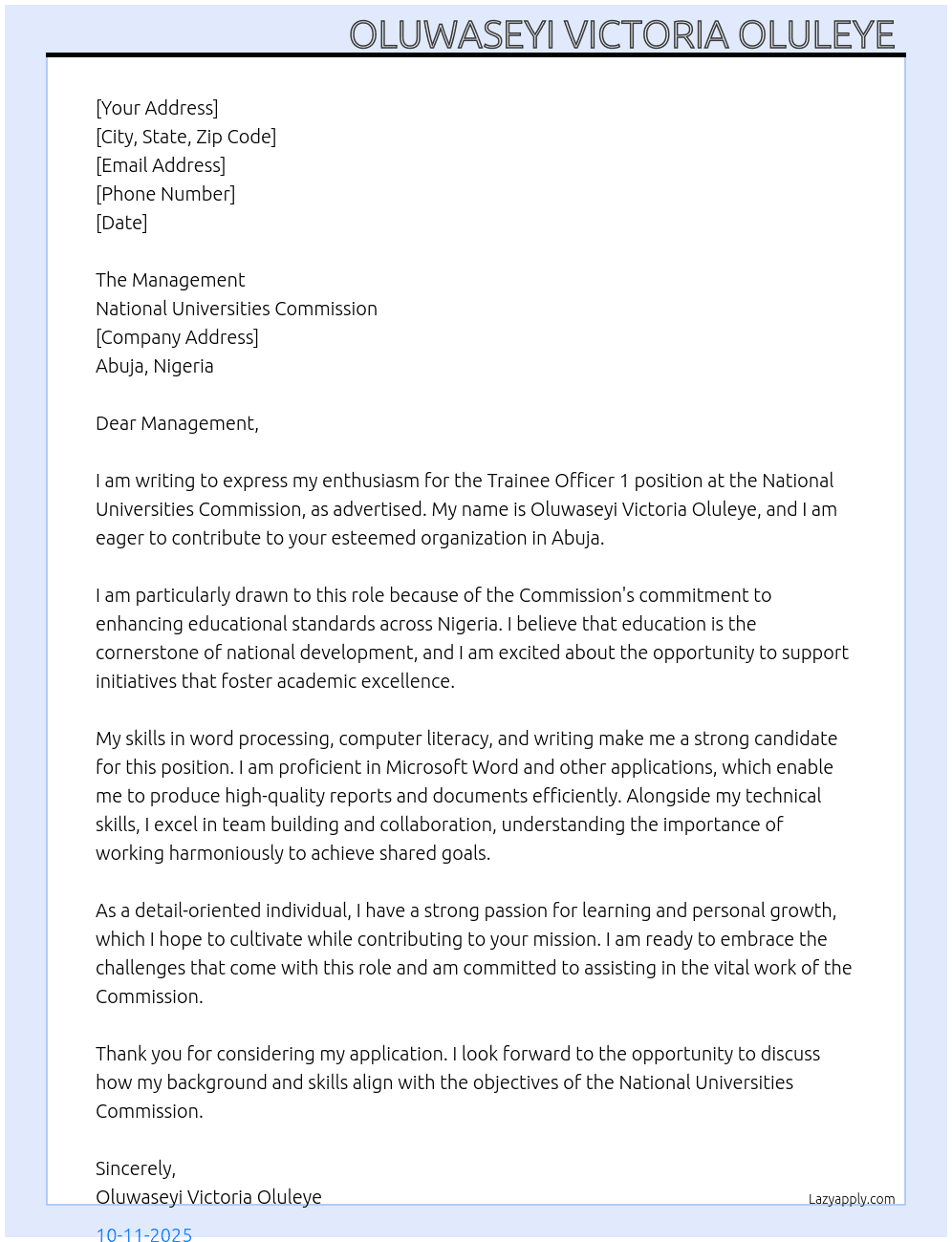 Cover letter for trainee officer 1 - LazyApply