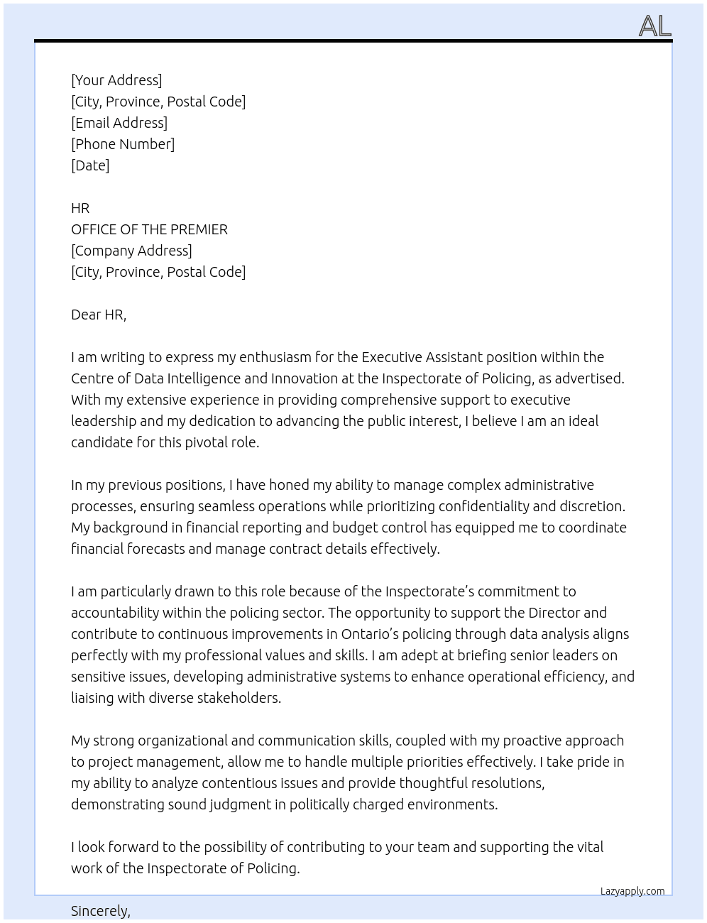 Executive Assistant At OFFICE OF THE PREMIER Cover Letter