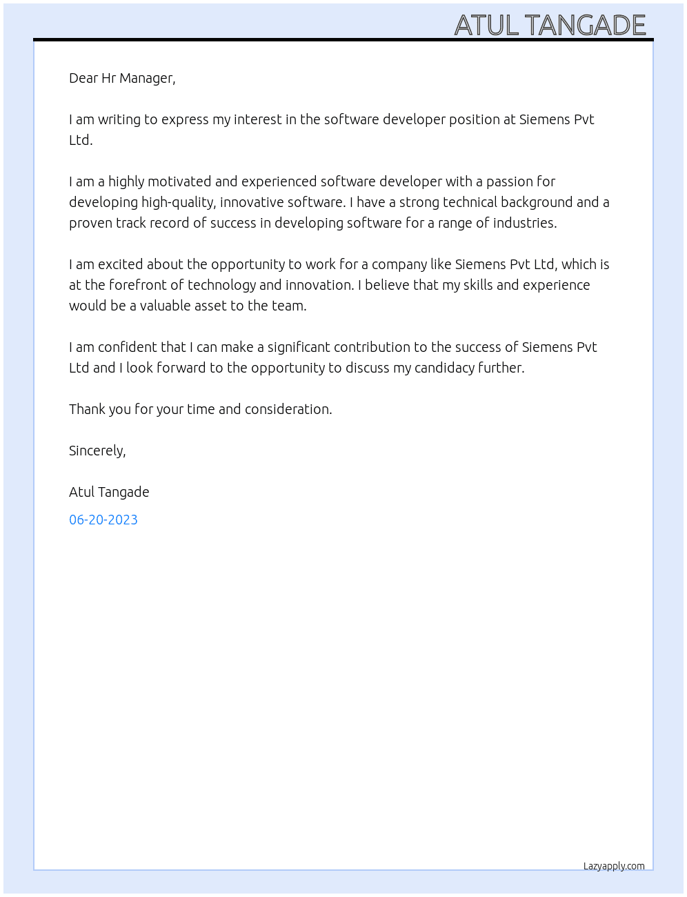 Software developer  At Siemens Pvt Ltd  Cover Letter