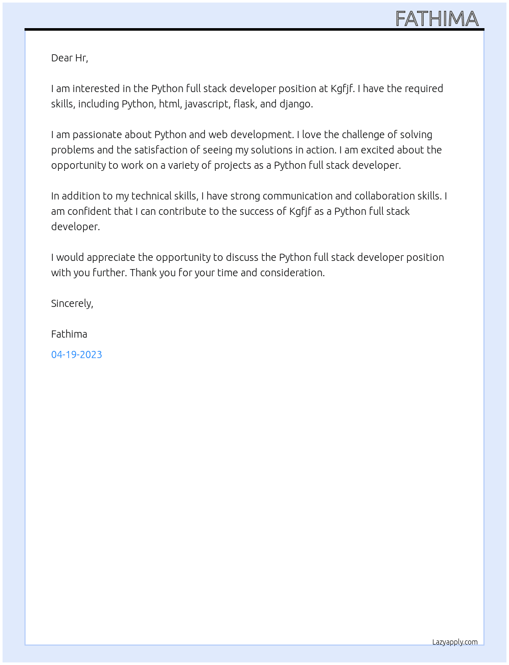 Python full stack developer At Kgfjf Cover Letter