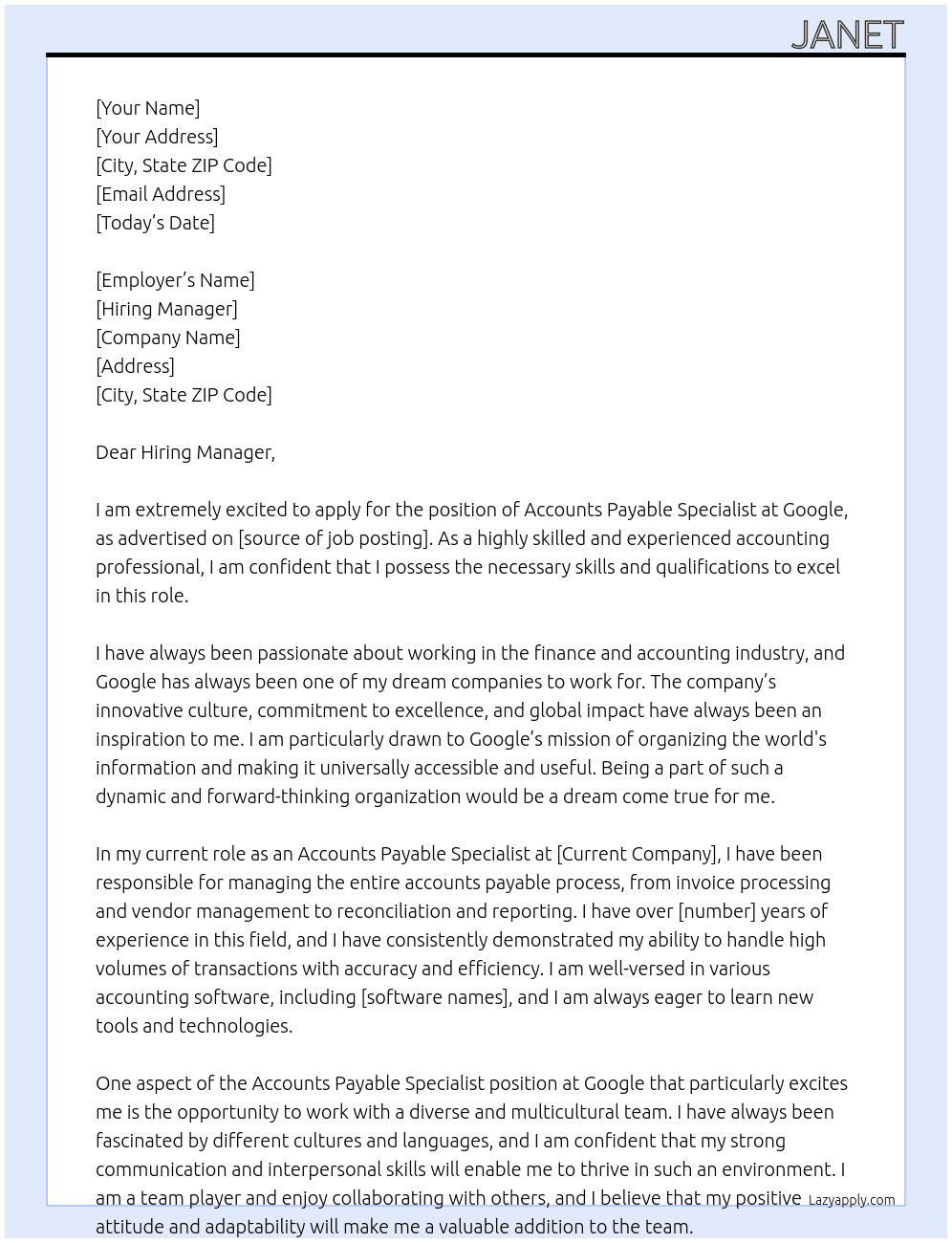 Accounts Payable Specialist  At google Cover Letter