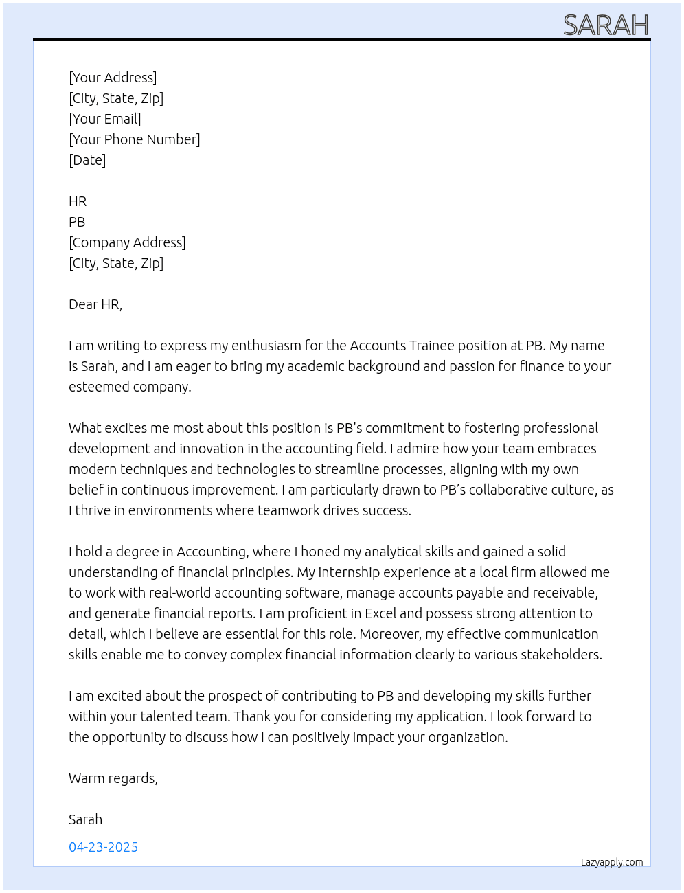 Accounts trainee At PB Cover Letter