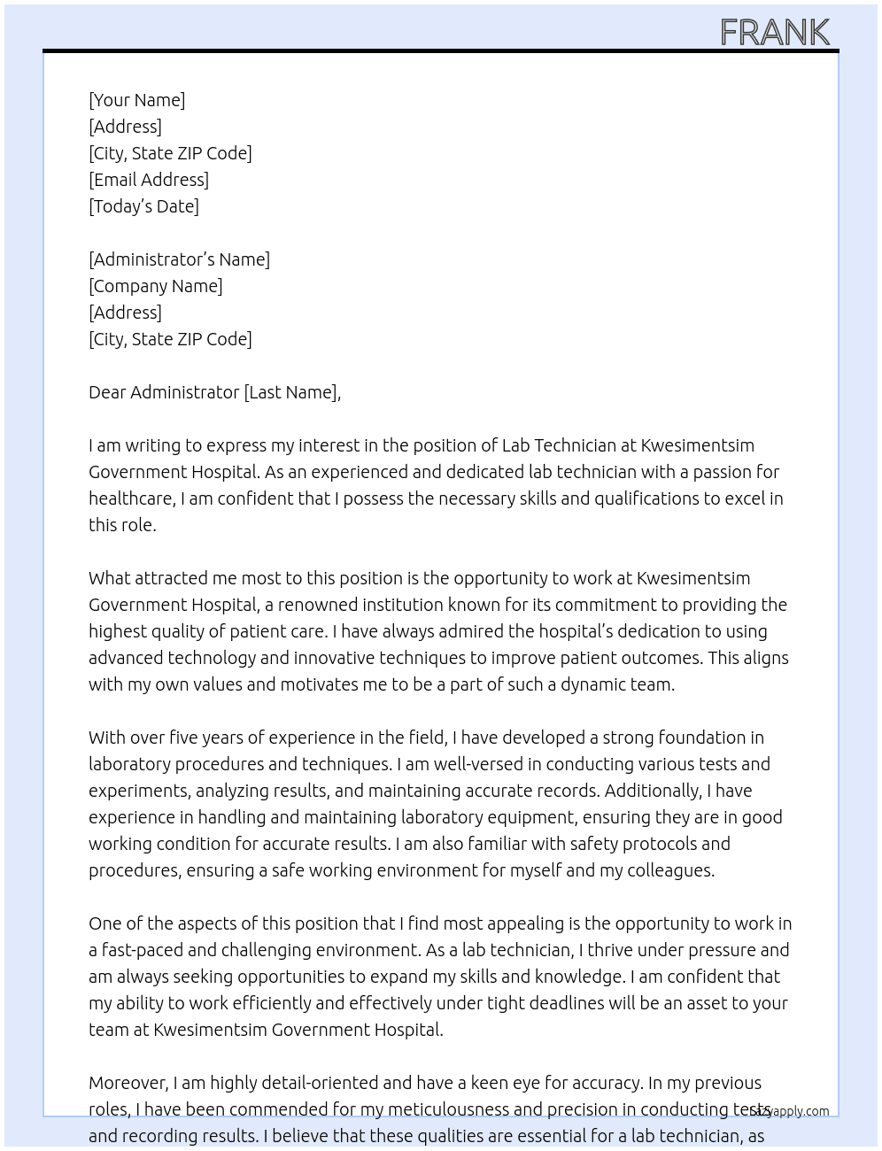 LAB TECHNICIAN  At KWESIMENTSIM GOVERNMENT HOSPITAL  Cover Letter