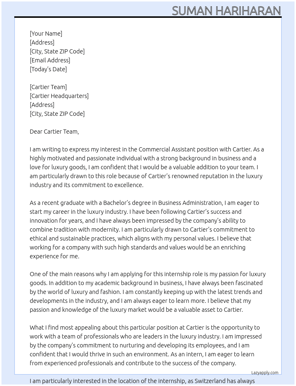 commercial assistant At Cartier Cover Letter