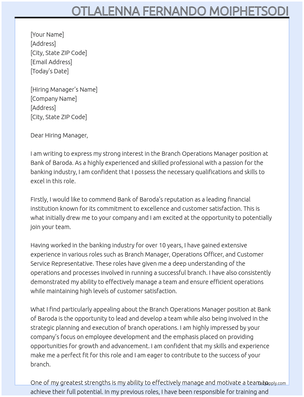 Branch Operations Manager At Bank of Baroda Cover Letter