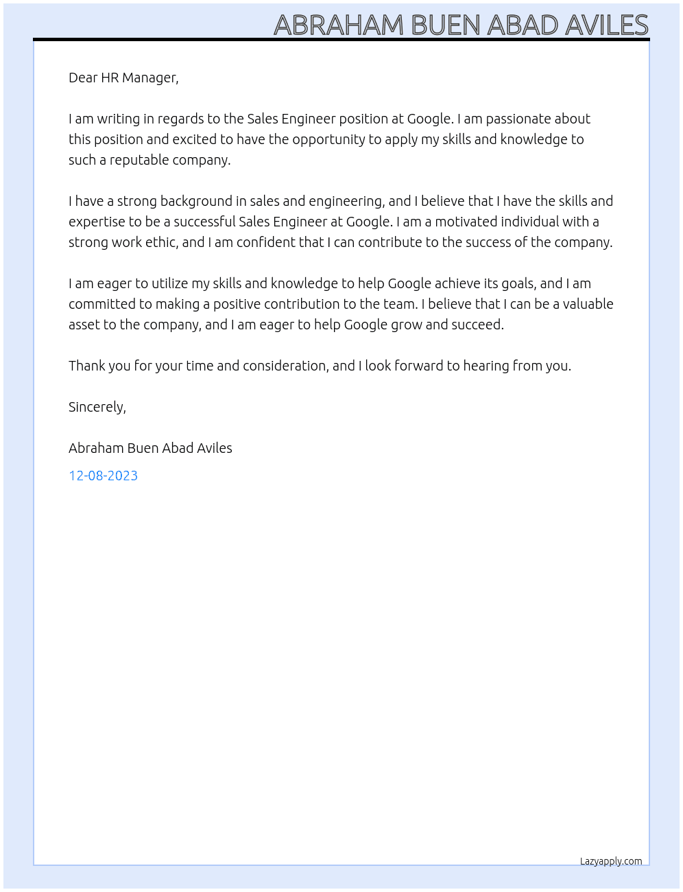 Sales Engineer At Google Cover Letter