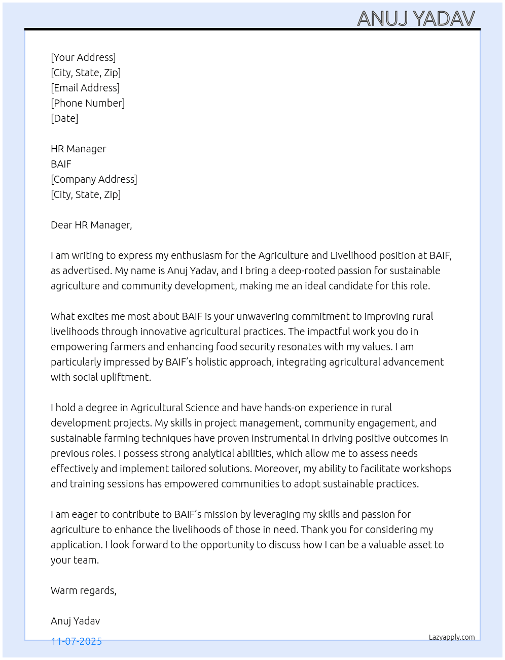 Agriculture and livelihood  At Baif Cover Letter