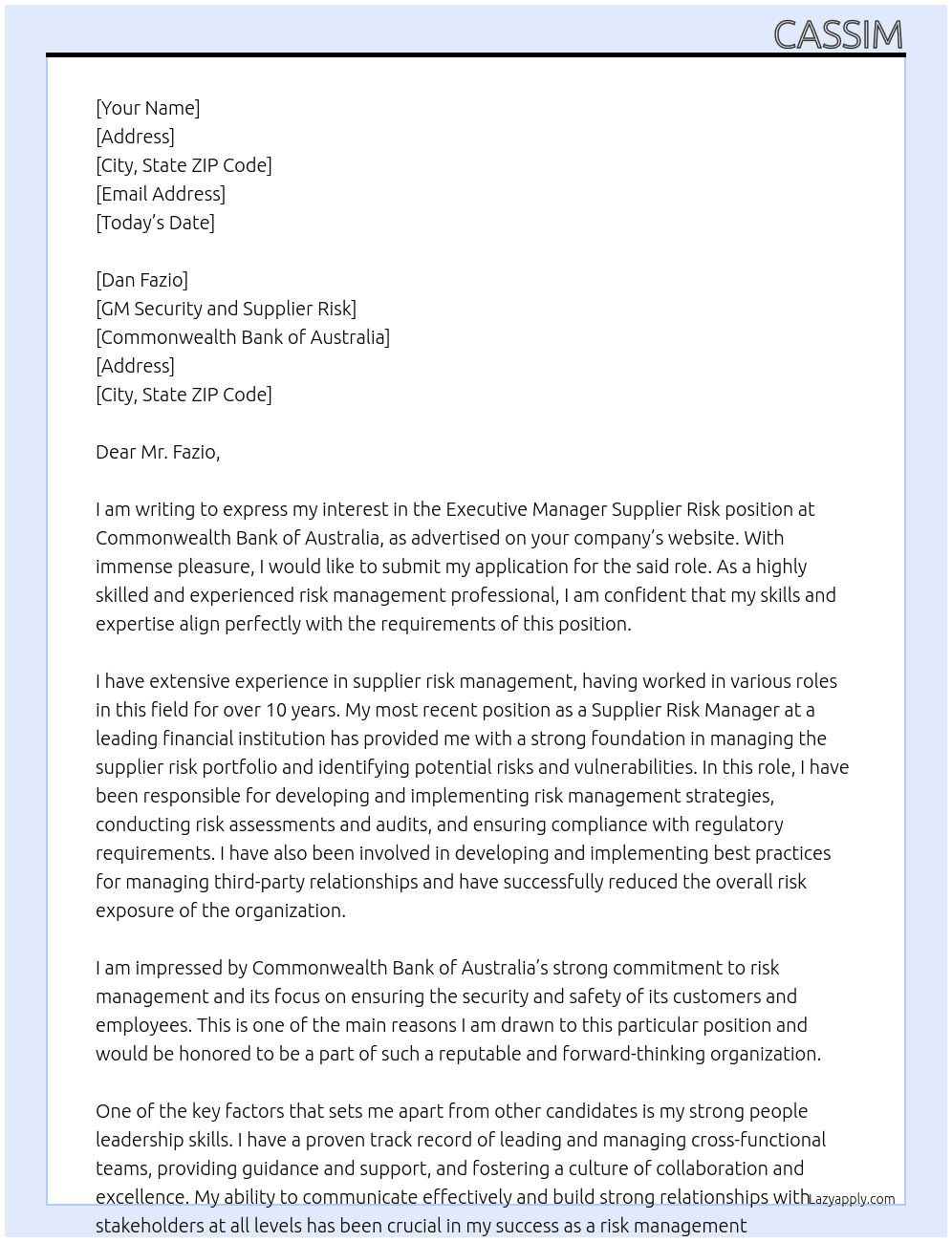 Cover letter for executive manager supplier risk - LazyApply