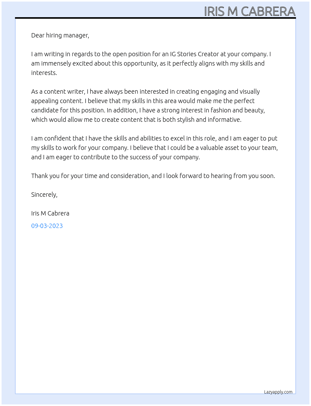 IG Stories Creator At Content Writer Cover Letter
