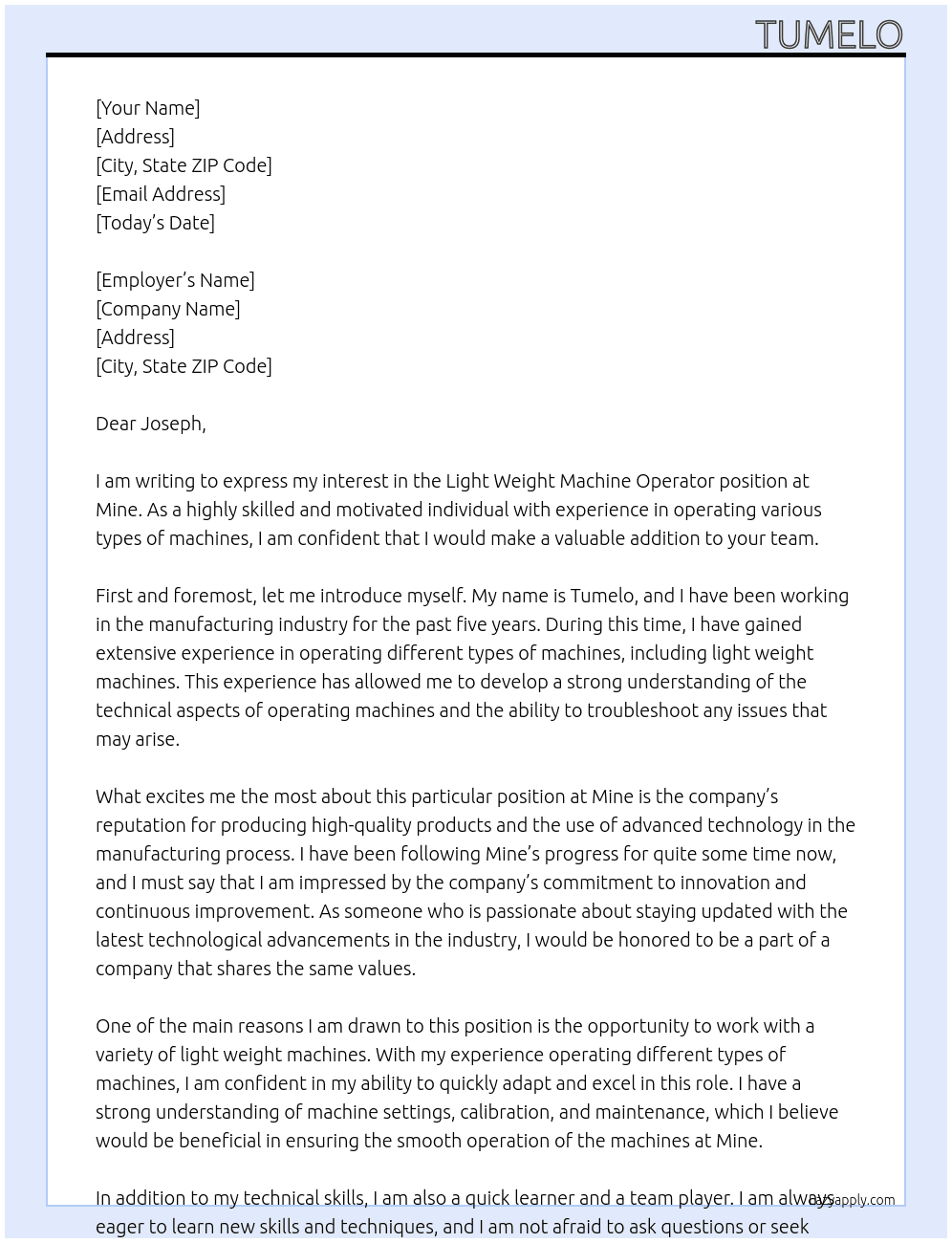 Light weight Machine Operator At Mine Cover Letter