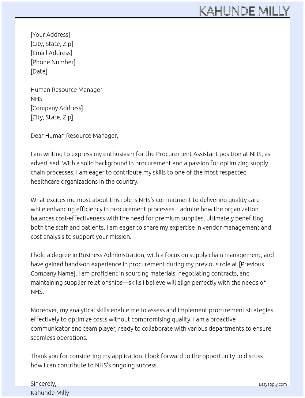 Procurement assistant  At NHS Cover Letter