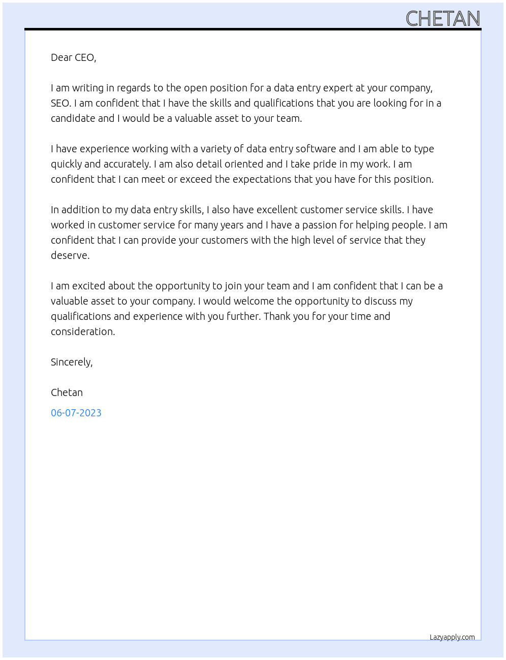 data entry expert` At seo Cover Letter