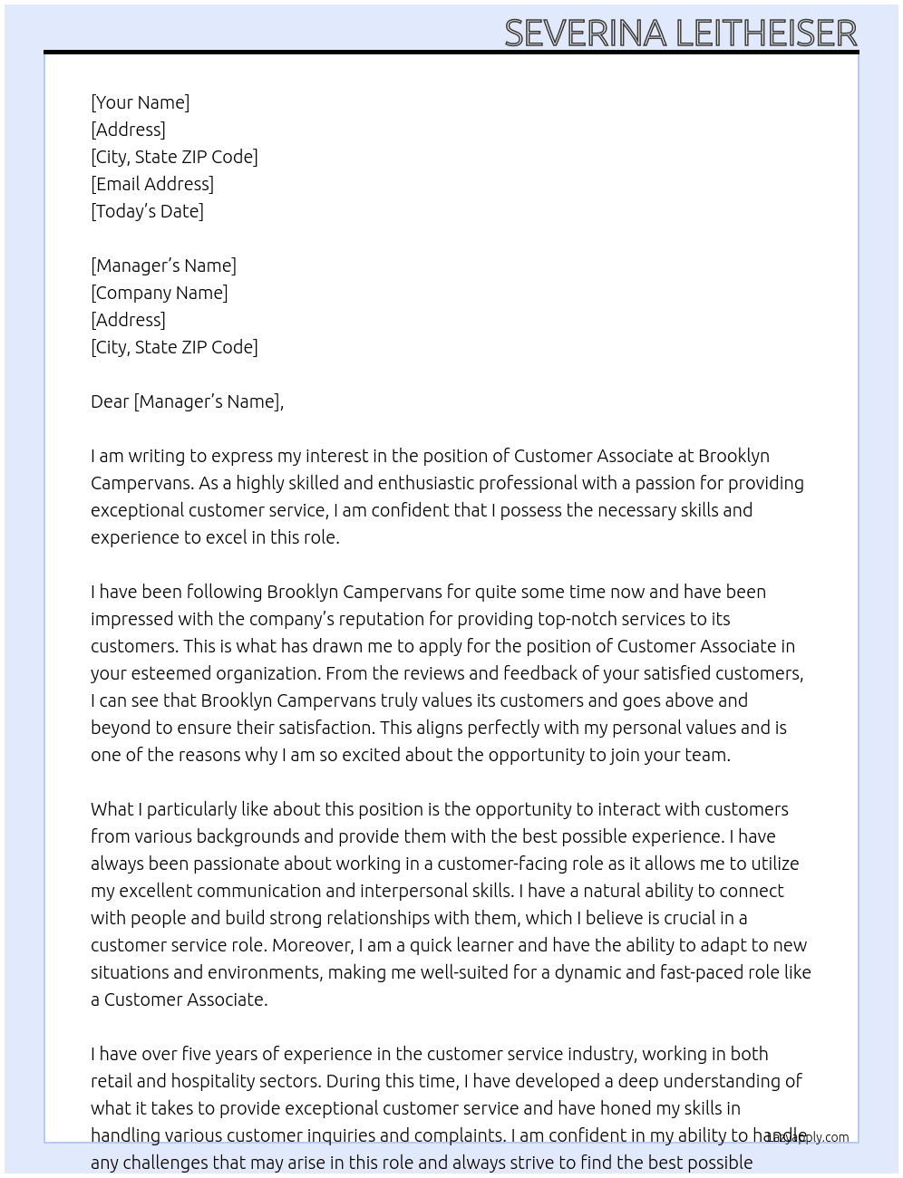 Customeer Associate At Brooklyn Campervans Cover Letter